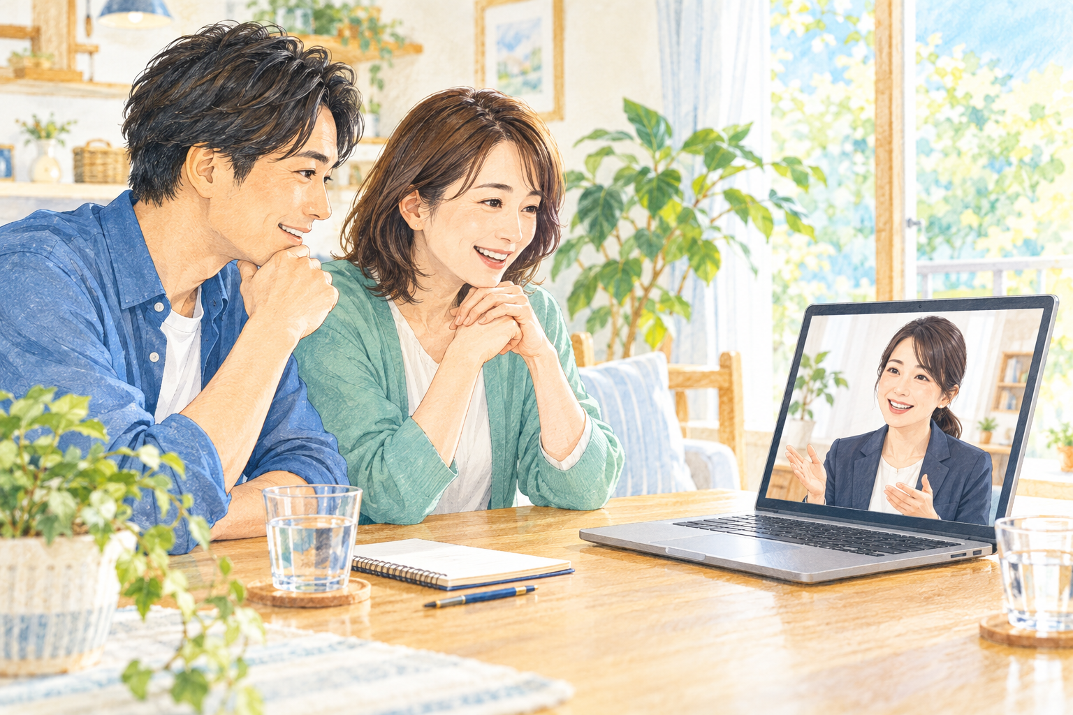 自宅で家族がパソコンを使ってFPにオンライン相談するイメージ